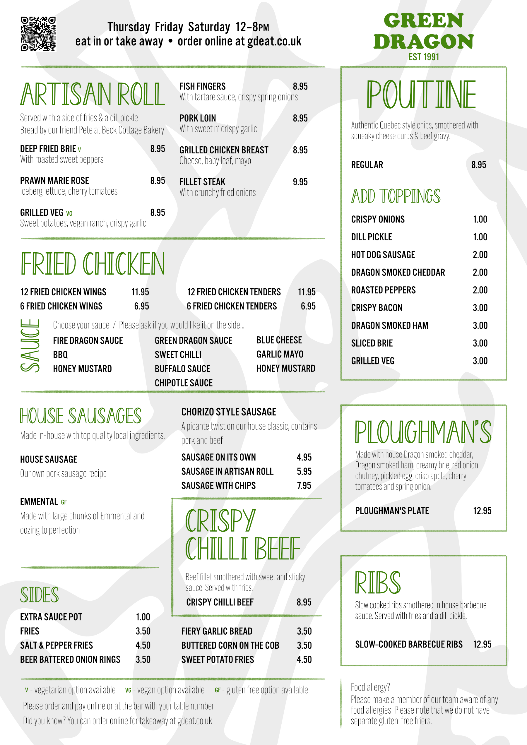 The current Green Dragon menu, as of 27th July 2024