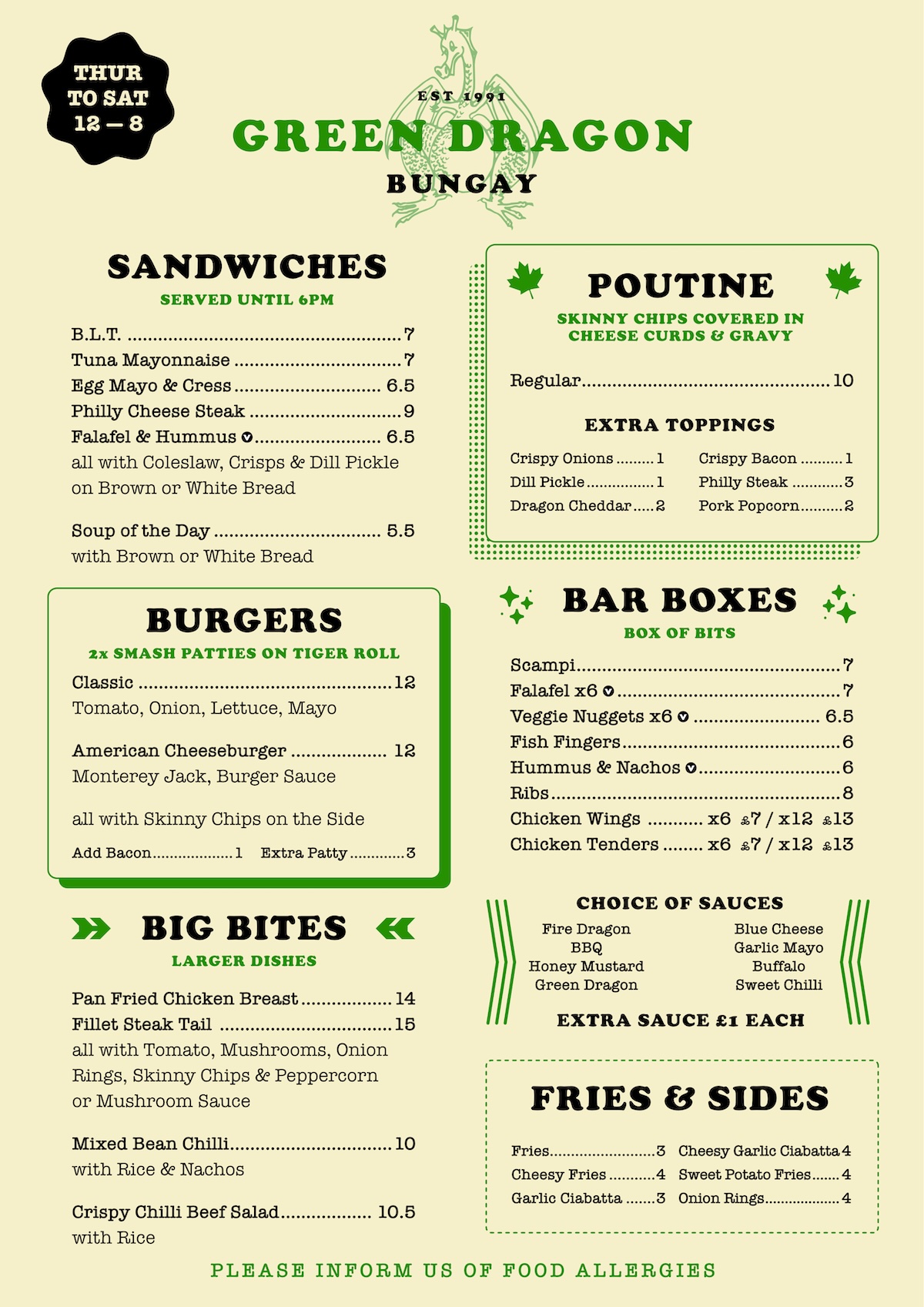 The current Green Dragon menu, as of 3rd December 2024